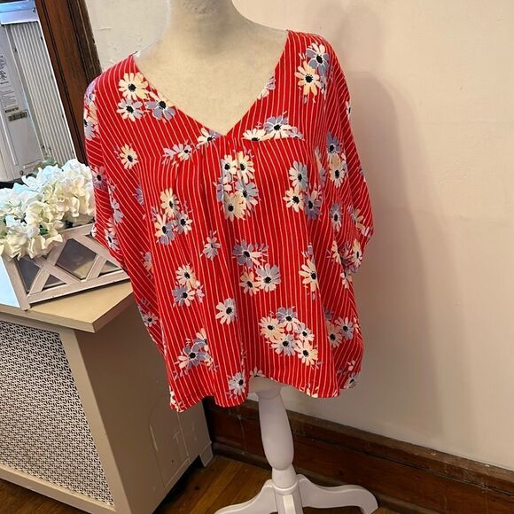 Madewell red white floral short sleeve V neckline blouse Size M New - Picture 1 of 11